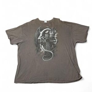 Brown dragon graphic tee with cross design